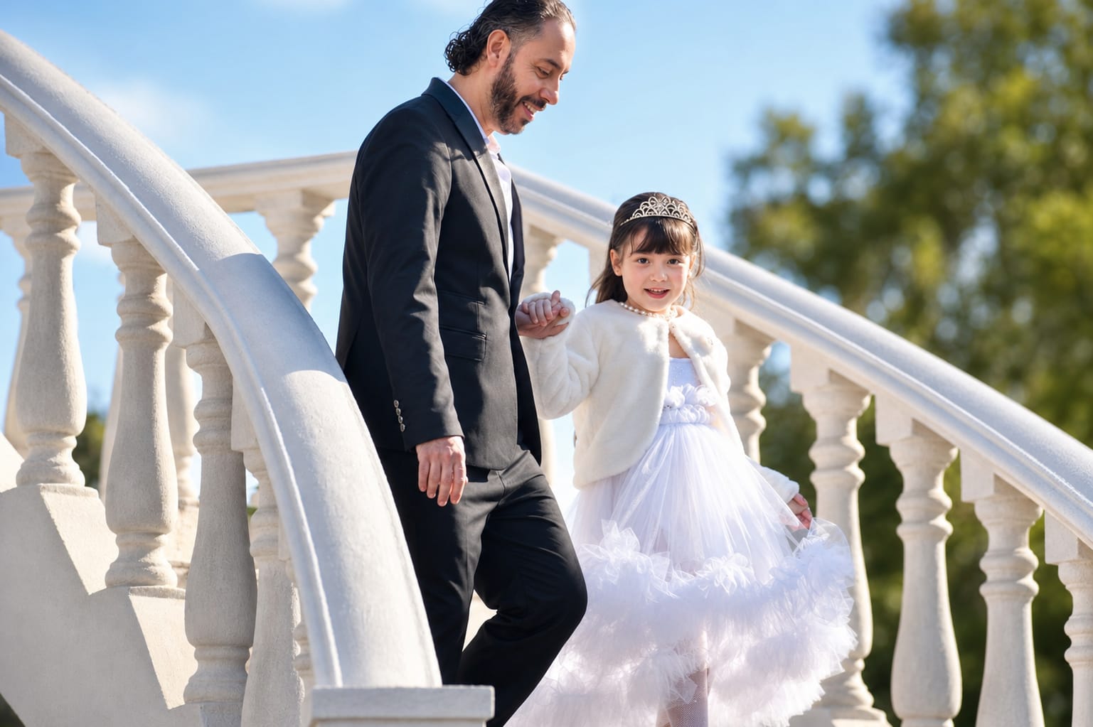 Padre e hija bajando una escalera